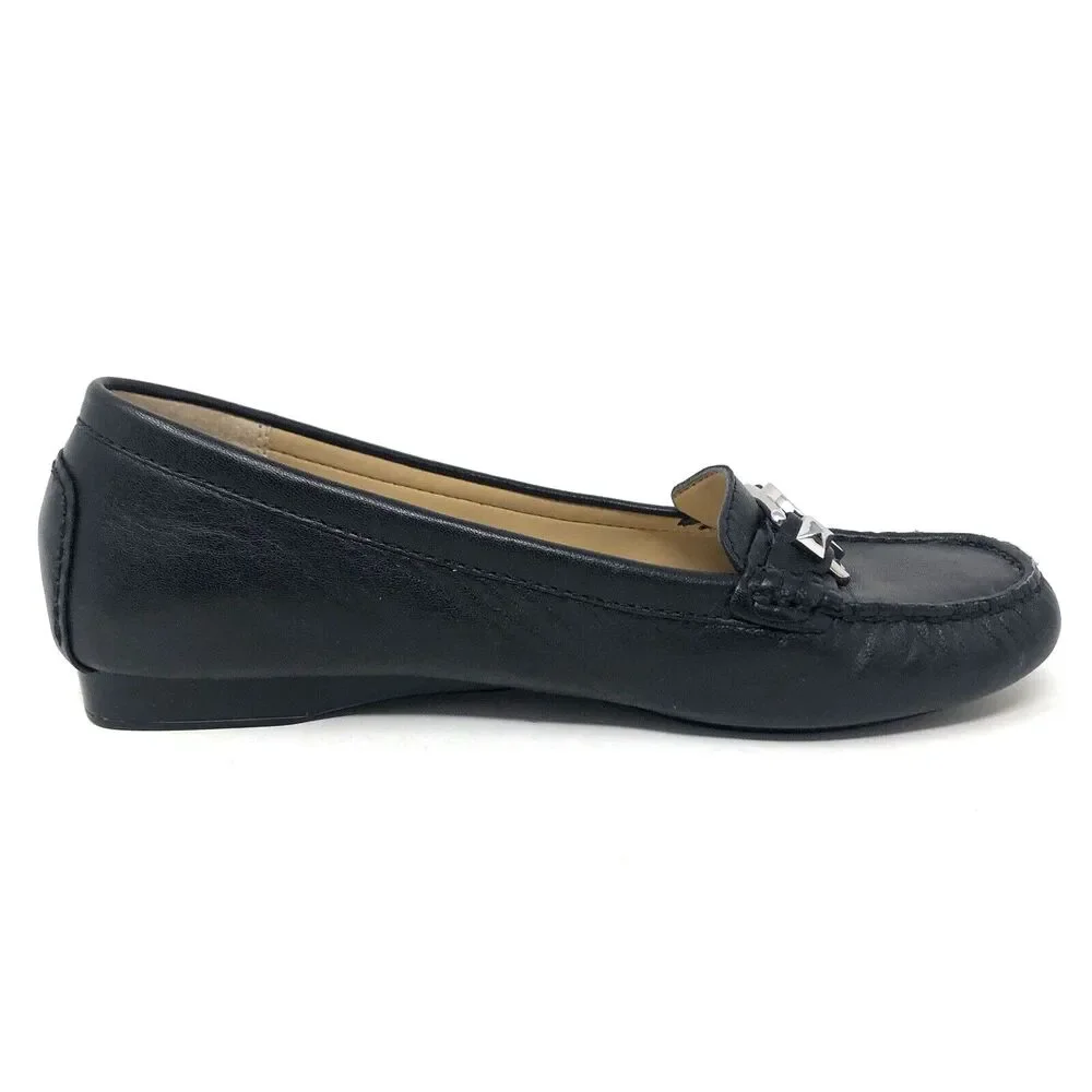 Michael Kors Lillian Loafer Womens Size 6 Black Leather Signature Silver MK Moc